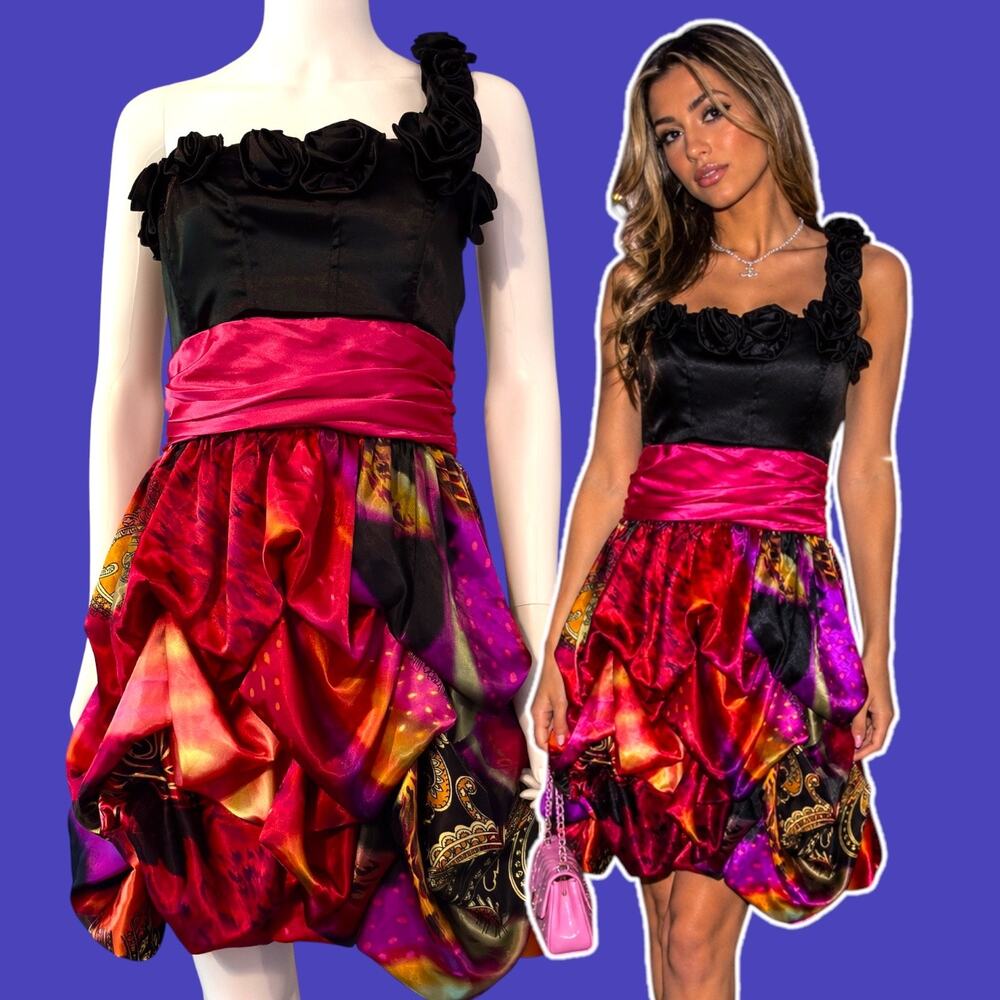 Speechless One Shoulder Bubble Hem Dress NWT Size 13 Satin Rosette Vtg Y2K